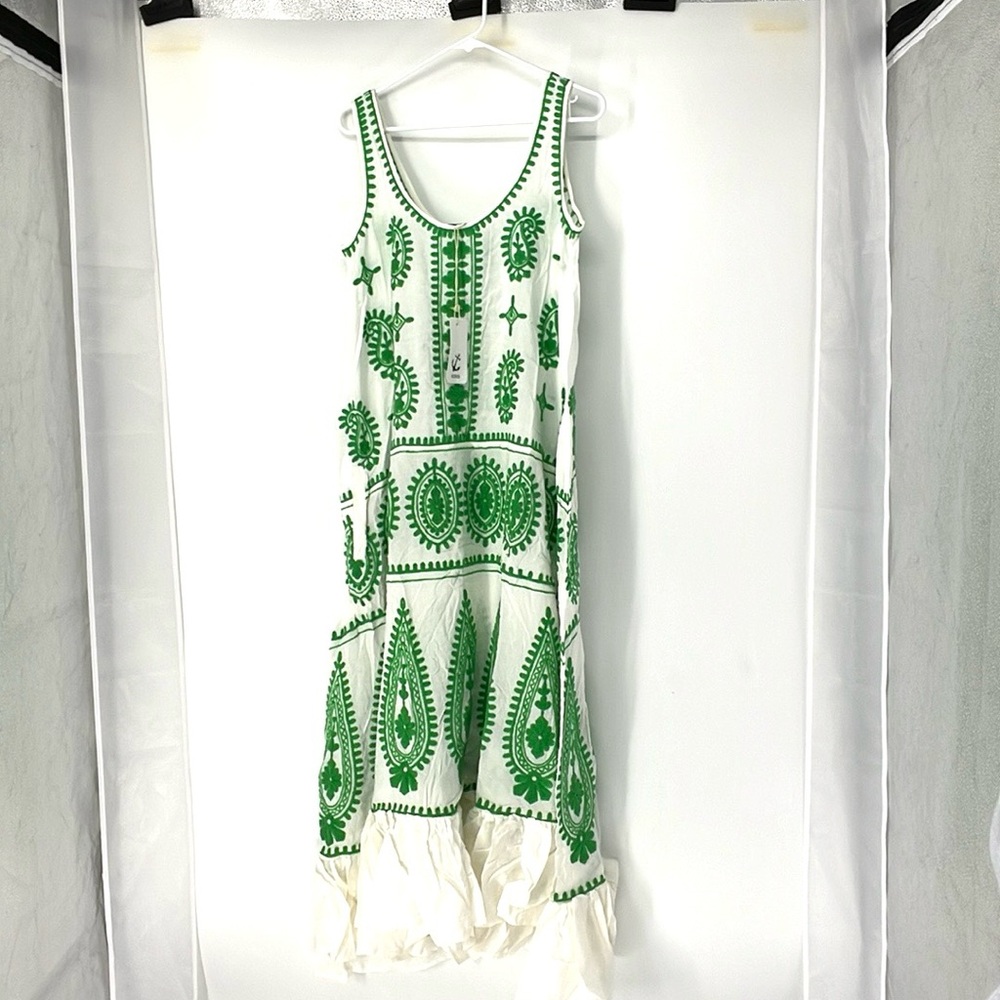 Sleeveless White Maxi Dress with Green Embroidery